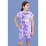 Toontoy Kız Çocuk 2'li Takım Baskılı Bisiklet Yaka T-Shirt & Basic Düz Crop Tayt - Lila - 6