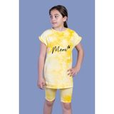 Toontoy Kız Çocuk 2'li Takım Baskılı Bisiklet Yaka T-Shirt & Basic Düz Crop Tayt - Sarı - 10 Yaş