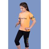 Toontoy Kız Çocuk 2'li Takım Baskılı Bisiklet Yaka T-Shirt & Basic Düz Crop Tayt & Şerit Detaylı - Turuncu - 8
