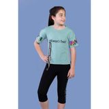 Toontoy Kız Çocuk 2'li Takım Baskılı Bisiklet Yaka T-Shirt & Basic Düz Crop Tayt & Şerit Detaylı - Yeşil - 6