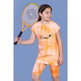 Toontoy Kız Çocuk 2'li Takım Baskılı Bisiklet Yaka T-Shirt & Basic Düz Crop Tayt - Turuncu - 8