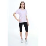 Toontoy Kız Çocuk 2'li Takım Baskılı Bisiklet Yaka T-Shirt & Basic Düz Crop Tayt