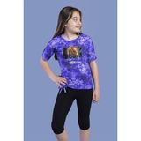 Toontoy Kız Çocuk 2'li Takım Baskılı Bisiklet Yaka T-Shirt & Basic Düz Tayt - Yırtmaç Detaylı - Bağcıklı - Lacivert - 8
