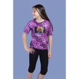 Toontoy Kız Çocuk 2'li Takım Baskılı Bisiklet Yaka T-Shirt & Basic Düz Tayt - Yırtmaç Detaylı - Bağcıklı - Mor - 10 Yaş