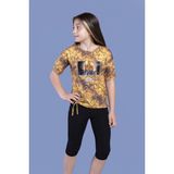 Toontoy Kız Çocuk 2'li Takım Baskılı Bisiklet Yaka T-Shirt & Basic Düz Tayt - Yırtmaç Detaylı - Bağcıklı - Sarı - 10 Yaş