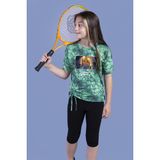 Toontoy Kız Çocuk 2'li Takım Baskılı Bisiklet Yaka T-Shirt & Basic Düz Tayt - Yırtmaç Detaylı - Bağcıklı - Yeşil - 10 Yaş
