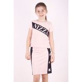 Toontoy Kız Çocuk 2'li Takım Baskılı Bisiklet Yaka T-Shirt & Basic Kalem Etek - Pudra - 10 Yaş