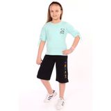 Toontoy Kız Çocuk 2'li Takım Baskılı Bisiklet Yaka T-Shirt & Beli Lastikli Cepli Kapri Şort - Yırtma