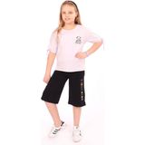 Toontoy Kız Çocuk 2'li Takım Baskılı Bisiklet Yaka T-Shirt & Beli Lastikli Cepli Kapri Şort - Yırtmaç Detaylı - Açık Lila - 12 - 13 Yaş