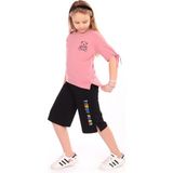 Toontoy Kız Çocuk 2'li Takım Baskılı Bisiklet Yaka T-Shirt & Beli Lastikli Cepli Kapri Şort - Yırtmaç Detaylı - Gül Kurusu - 6 – 7 Yaş