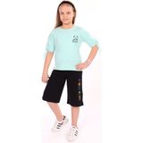 Toontoy Kız Çocuk 2'li Takım Baskılı Bisiklet Yaka T-Shirt & Beli Lastikli Cepli Kapri Şort - Yırtmaç Detaylı - Mint Yeşili - 6 – 7 Yaş