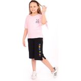 Toontoy Kız Çocuk 2'li Takım Baskılı Bisiklet Yaka T-Shirt & Beli Lastikli Cepli Kapri Şort - Yırtmaç Detaylı - Pembe - 8 - 9 Yaş