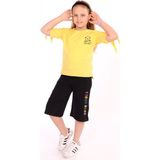 Toontoy Kız Çocuk 2'li Takım Baskılı Bisiklet Yaka T-Shirt & Beli Lastikli Cepli Kapri Şort - Yırtmaç Detaylı - Sarı - 12 - 13 Yaş