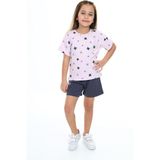 Toontoy Kız Çocuk 2'li Takım Baskılı Bisiklet Yaka T-Shirt & Beli Lastikli Cepli Şort - Açık Lila - 6