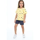 Toontoy Kız Çocuk 2'li Takım Baskılı Bisiklet Yaka T-Shirt & Beli Lastikli Cepli Şort - Sarı - 3