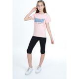 Toontoy Kız Çocuk 2'li Takım Baskılı Bisiklet Yaka T-Shirt & Beli Lastikli Crop Tayt - Açık Lila - 10 - 11 Yaş