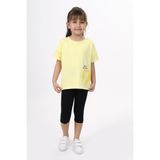 Toontoy Kız Çocuk 2'li Takım Baskılı Bisiklet Yaka T-Shirt & Beli Lastikli Crop Tayt - Açık Sarı - 3