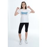 Toontoy Kız Çocuk 2'li Takım Baskılı Bisiklet Yaka T-Shirt & Beli Lastikli Crop Tayt - Ekru - 12 - 13 Yaş