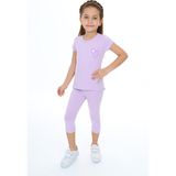 Toontoy Kız Çocuk 2'li Takım Baskılı Bisiklet Yaka T-Shirt & Beli Lastikli Crop Tayt - Lila