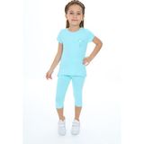 Toontoy Kız Çocuk 2'li Takım Baskılı Bisiklet Yaka T-Shirt & Beli Lastikli Crop Tayt - Mint Yeşili - 3