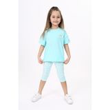 Toontoy Kız Çocuk 2'li Takım Baskılı Bisiklet Yaka T-Shirt & Beli Lastikli Crop Tayt - Mint Yeşili