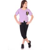 Toontoy Kız Çocuk 2'li Takım Baskılı Bisiklet Yaka T-Shirt & Beli Lastikli Crop Tayt - Yırtmaç Detaylı - Lila - 12 - 13 Yaş