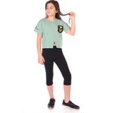 Toontoy Kız Çocuk 2'li Takım Baskılı Bisiklet Yaka T-Shirt & Beli Lastikli Crop Tayt - Yırtmaç Detaylı - Yeşil - 12 - 13 Yaş