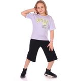 Toontoy Kız Çocuk 2'li Takım Baskılı Bisiklet Yaka T-Shirt & Beli Lastikli Kapri Şort - Açık Lila - 12 - 13 Yaş
