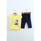 Toontoy Kız Çocuk 2'li Takım Baskılı Bisiklet Yaka T-Shirt & Beli Lastikli Kapri Şort - Açık Sarı - 1