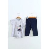 Toontoy Kız Çocuk 2'li Takım Baskılı Bisiklet Yaka T-Shirt & Beli Lastikli Kapri Şort - Gri - 3