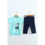 Toontoy Kız Çocuk 2'li Takım Baskılı Bisiklet Yaka T-Shirt & Beli Lastikli Kapri Şort - Mint Yeşili - 3