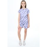 Toontoy Kız Çocuk 2'li Takım Baskılı Bisiklet Yaka T-Shirt & Beli Lastikli Şort - Açık Lila - 8 - 9 Yaş