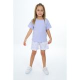 Toontoy Kız Çocuk 2'li Takım Baskılı Bisiklet Yaka T-Shirt & Beli Lastikli Şort - Açık Lila