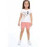 Toontoy Kız Çocuk 2'li Takım Baskılı Bisiklet Yaka T-Shirt & Beli Lastikli Tek Cepli Şort - Mercan