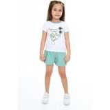 Toontoy Kız Çocuk 2'li Takım Baskılı Bisiklet Yaka T-Shirt & Beli Lastikli Tek Cepli Şort - Yeşil