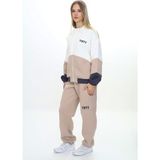 Toontoy Kız Çocuk 2'li Takım Baskılı Dik Yaka Fermuarlı Sweatshirt & Beli Paçası Lastikli Cepli Jogger Eşofman Altı - Renk Bloklu 3 Iplik Şardonlu - Bej - 13-14