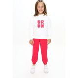 Toontoy Kız Çocuk 2'li Takım Baskılı Dik Yaka Sweatshirt & Beli Paçası Lastikli Jogger Eşofman Altı - Renk Bloklu & 3 Iplik Şardonlu - Fuşya