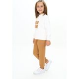 Toontoy Kız Çocuk 2'li Takım Baskılı Dik Yaka Sweatshirt & Beli Paçası Lastikli Jogger Eşofman Altı - Renk Bloklu & 3 Iplik Şardonlu - Kahverengi - 4