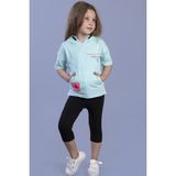 Toontoy Kız Çocuk 2'li Takım Baskılı Kapüşonlu Cepli Kısa Kollu Yırtmaçlı Sweatshirt & Basic Düz Crop Tayt - Su Yeşili - 4