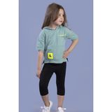 Toontoy Kız Çocuk 2'li Takım Baskılı Kapüşonlu Cepli Kısa Kollu Yırtmaçlı Sweatshirt & Basic Düz Crop Tayt - Yeşil - 4