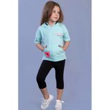 Toontoy Kız Çocuk 2'Li Takım Baskılı Kapüşonlu Cepli Kısa Kollu Yırtmaçlı Sweatshirt & Basic Düz Crop Tayt