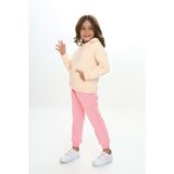 Toontoy Kız Çocuk 2'li Takım Baskılı Kapüşonlu Cepli Sweatshirt & Beli Paçası Lastikli Jogger Eşofman Altı - Bant Detaylı & 3 Iplik Şardonlu - Pembe