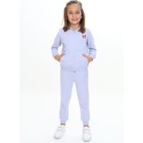 Toontoy Kız Çocuk 2'li Takım Baskılı Kapüşonlu Cepli Sweatshirt & Beli Paçası Lastikli Jogger Eşofman Altı - Renk Bloklu & 2 Iplik - Açık Lila - 4