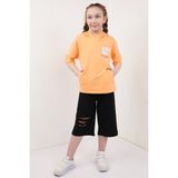 Toontoy Kız Çocuk 2'li Takım Baskılı Kapüşonlu Cepli T-Shirt & Beli Lastikli Kapri Şort - Lazer Kesim Detaylı - 4 - 5 Yaş - Turuncu