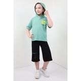 Toontoy Kız Çocuk 2'li Takım Baskılı Kapüşonlu Cepli T-Shirt & Beli Lastikli Kapri Şort - Lazer Kesim Detaylı - 4 - 5 Yaş - Yeşil