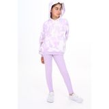 Toontoy Kız Çocuk 2'li Takım Baskılı Kapüşonlu Düşük Omuz Cepli Sweatshirt & Basic Düz Tayt - Açık Lila - 8 - 9 Yaş
