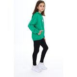 Toontoy Kız Çocuk 2'li Takım Baskılı Kapüşonlu Düşük Omuz Cepli Sweatshirt & Basic Düz Tayt - Çimen Yeşili - 6 – 7 Yaş