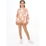 Toontoy Kız Çocuk 2'li Takım Baskılı Kapüşonlu Düşük Omuz Cepli Sweatshirt & Basic Düz Tayt - Kahverengi - 13-14