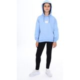 Toontoy Kız Çocuk 2'li Takım Baskılı Kapüşonlu Düşük Omuz Cepli Sweatshirt & Basic Düz Tayt - Mavi - 8 - 9 Yaş
