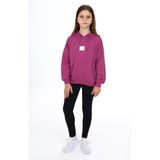 Toontoy Kız Çocuk 2'li Takım Baskılı Kapüşonlu Düşük Omuz Cepli Sweatshirt & Basic Düz Tayt - Mürdüm - 10-11